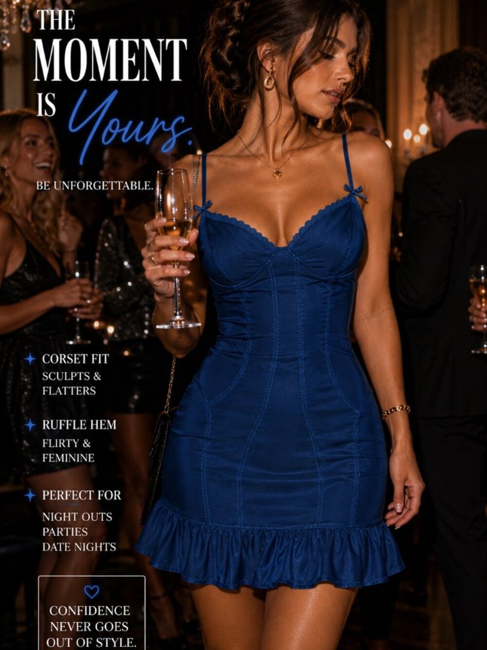 24 HRS SALE ONLY Royal Blue Satin Mini Dress Women Corset Style Ruffle Hem Party